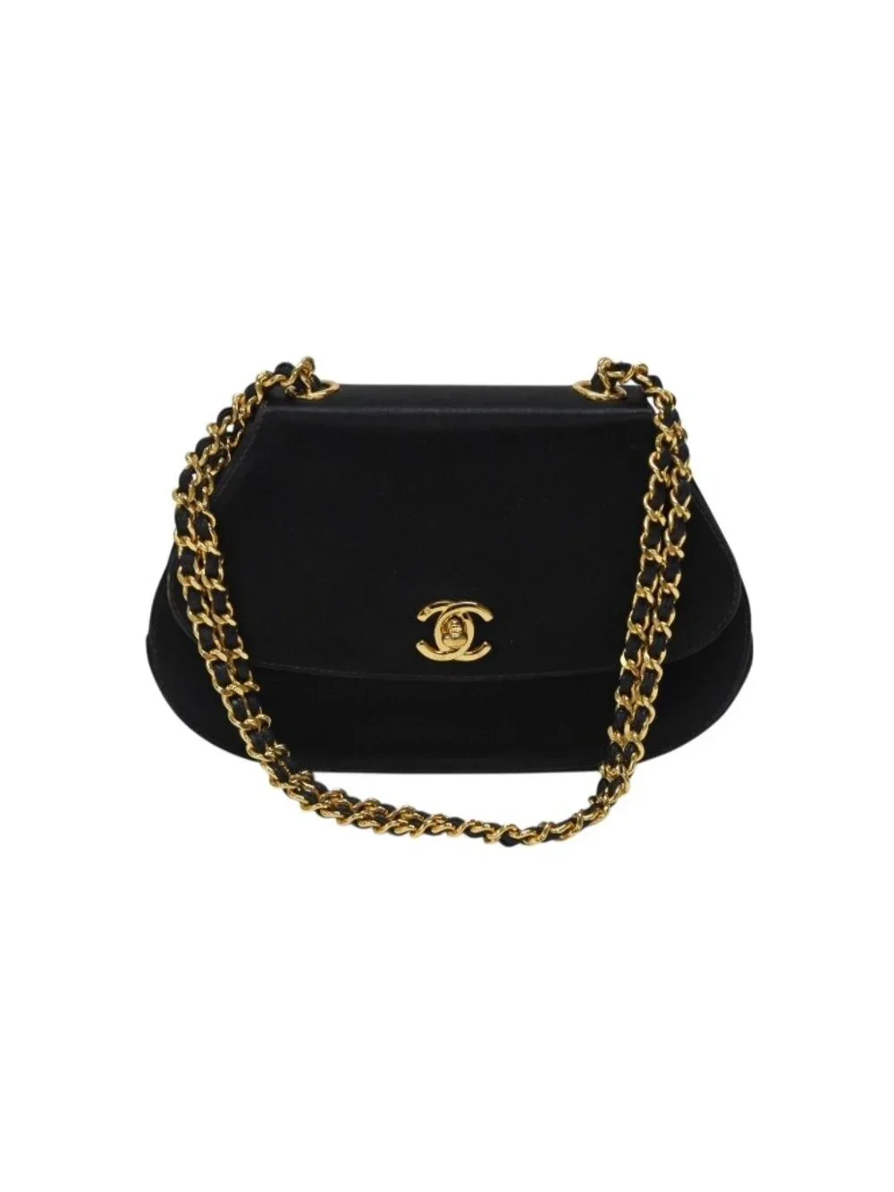 Chanel Half Moon Chain Bag CC Logo Satin Leather Black Gold